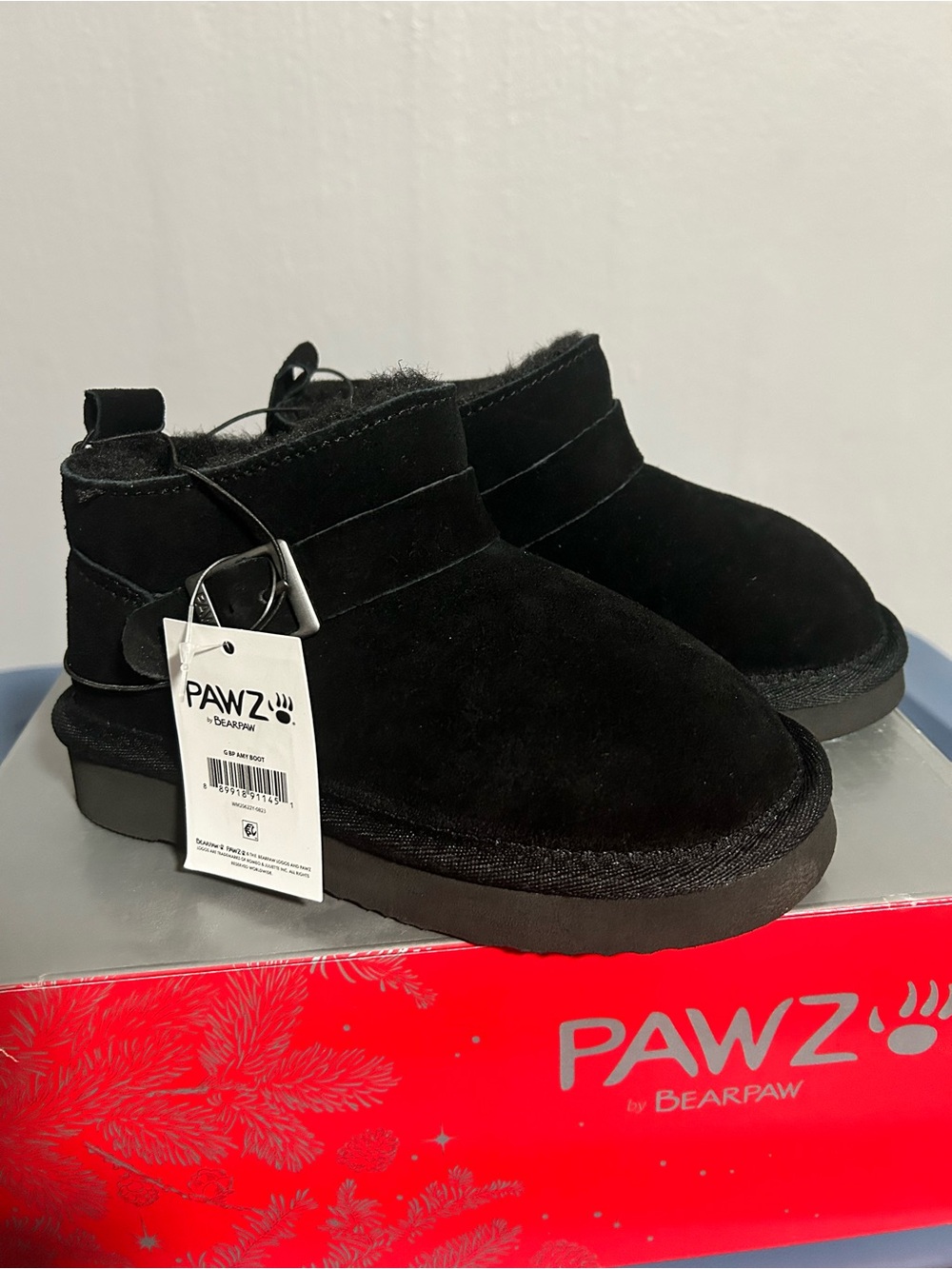 BearPaw PAWZ Kids' Black Suede Cozy Ankle Boots